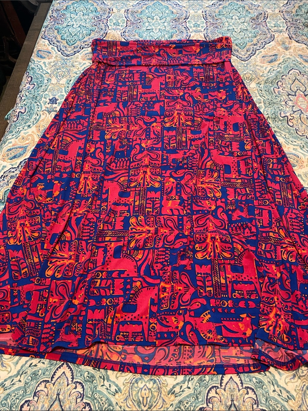 LuLaRoe A-Line Skirt in Fuchsia, Navy & Orange Print